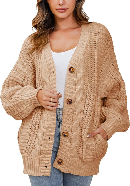 YKR Womens Chunky Cardigan Oversized Cable Knit Open Front Lantern Sleeve Cardigan Sweaters Warm Sweaters Coat with Pocket