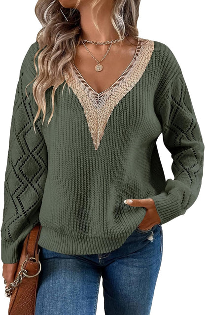 YKR Women's 2023 Fall Sweaters Lace V Neck Crochet Long Sleeve Ribbed Knit Lightweight Pullover Sweater Tops